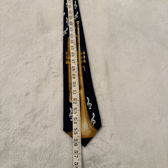 Florence Ltd Silk Necktie Navy White Clefs & Golden Musical Horn Tie - Picture 5 of 5